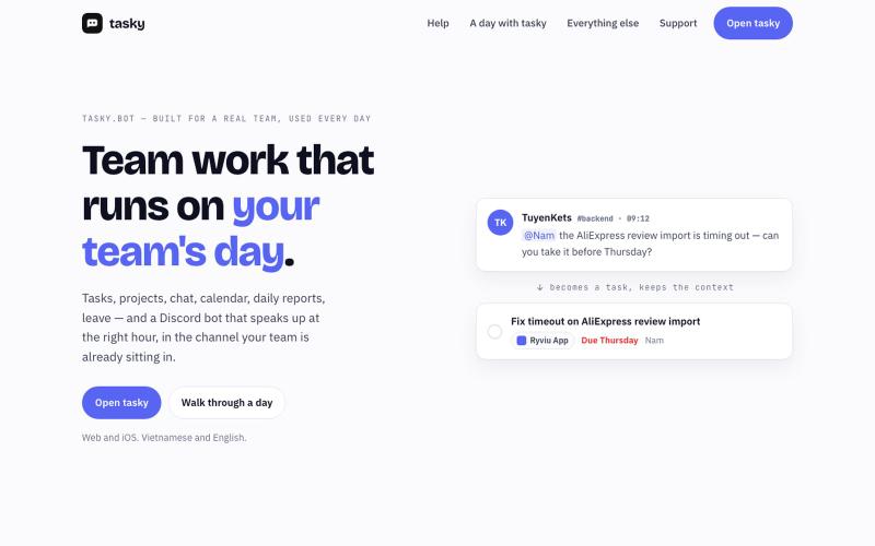 tasky — team work that runs on your team's actual day — screenshot