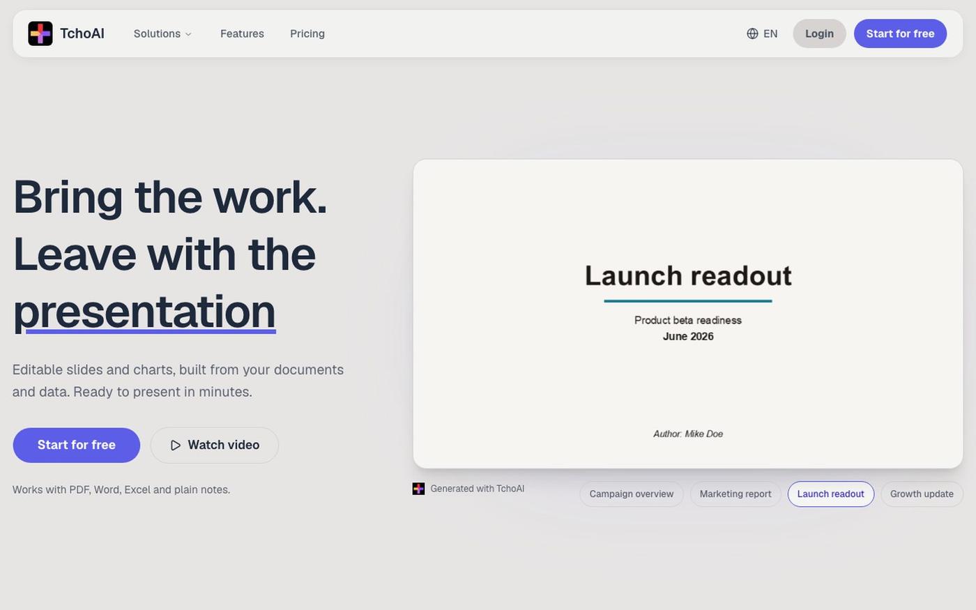 TchoAI - The AI workspace for presentations — screenshot
