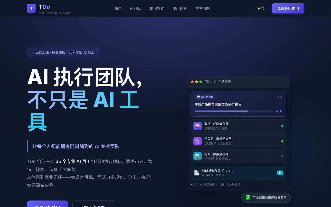 TDo — AI 执行团队,不只是 AI 工具 | 35 个专业 AI 员工 — screenshot