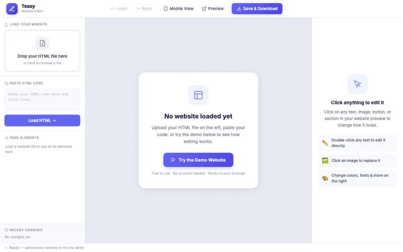 Free Online HTML Editor — Edit Any Website Visually, No Code | Teasy — screenshot