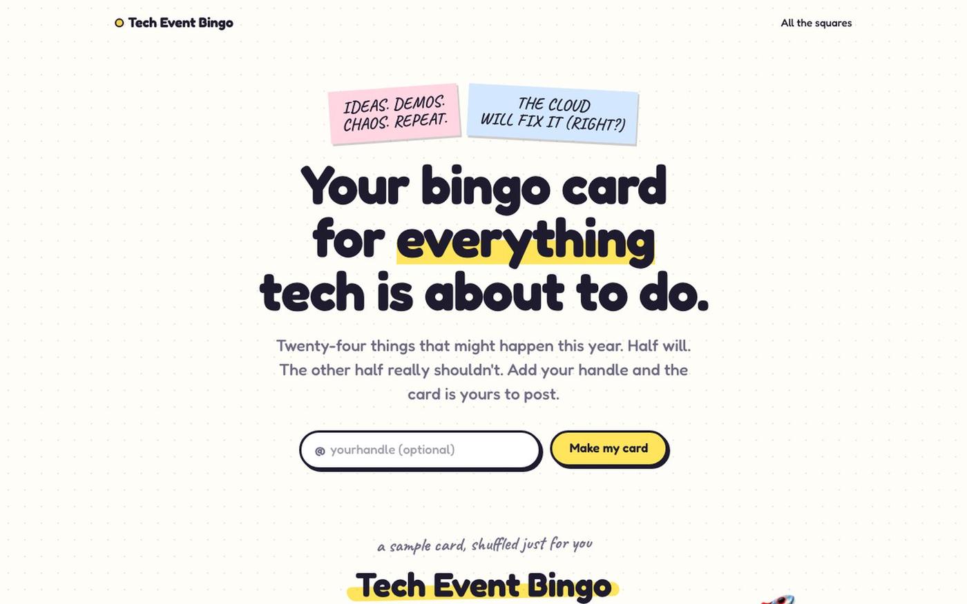 Tech Event Bingo: Same conferences. Brighter delusions. — screenshot
