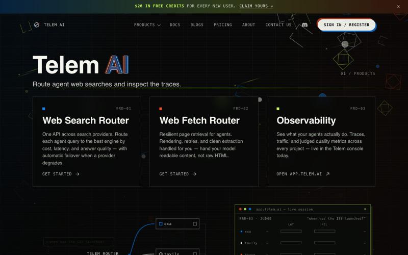 Telem AI - Infrastructure for AI Agents — screenshot