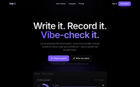 TellrAI — AI Pitch Coach: Write, Score & Rewrite Your 60-Second Pitch — screenshot