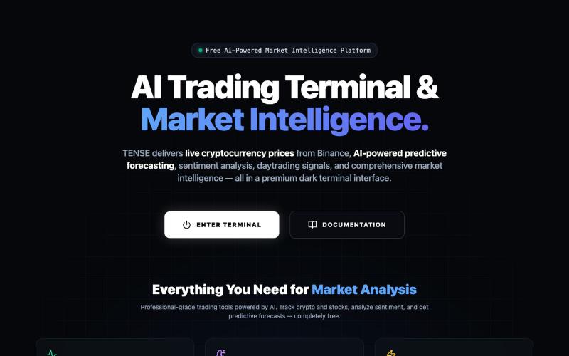 TENSE — AI Trading Terminal | Live Crypto Prices, Market Intelligence & Predicti — screenshot