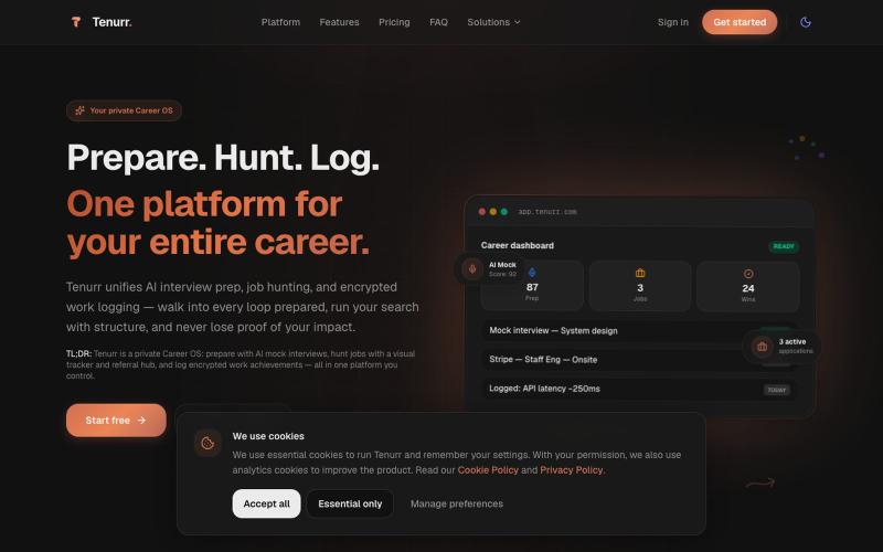 Tenurr | Career OS — Interview Prep, Job Hunting & Work Logging — screenshot