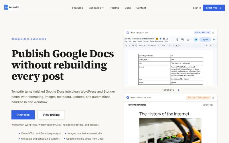 Tenwrite - Publish Google Docs to WordPress and Blogger — screenshot