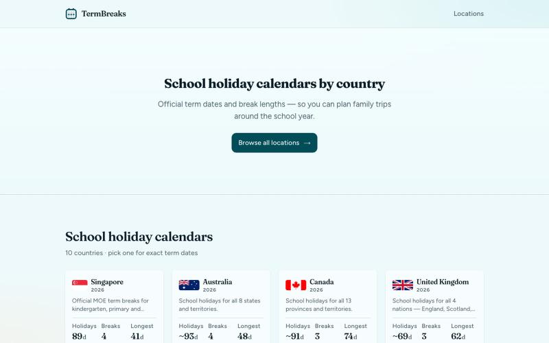 School Holidays & Term Breaks Worldwide | TermBreaks — screenshot