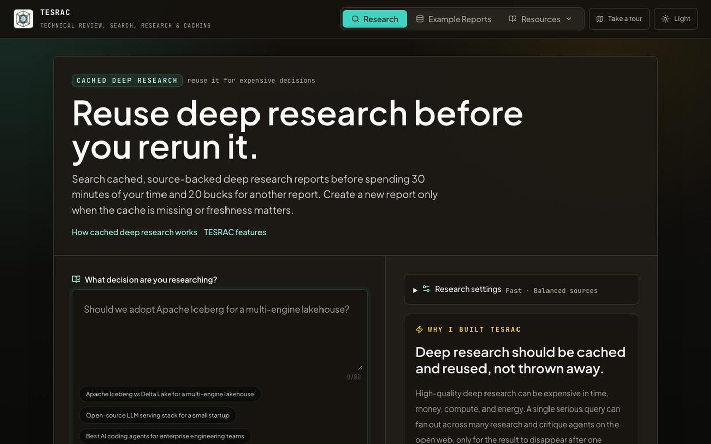 TESRAC | Cache, Save, and Reuse Deep Research — screenshot
