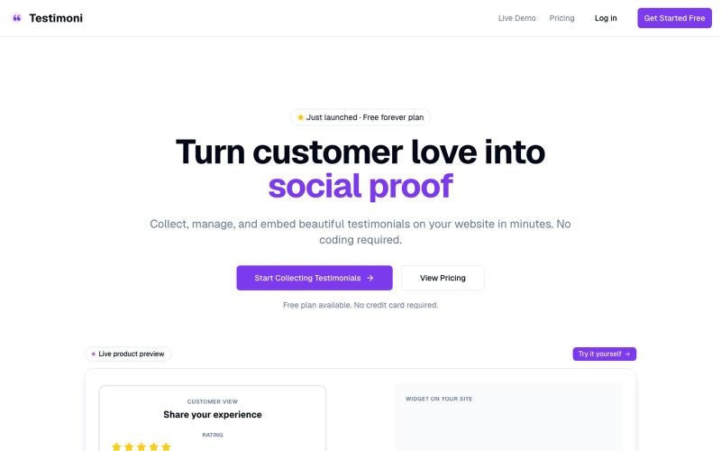 Testimoni — Collect & Embed Customer Testimonials — screenshot