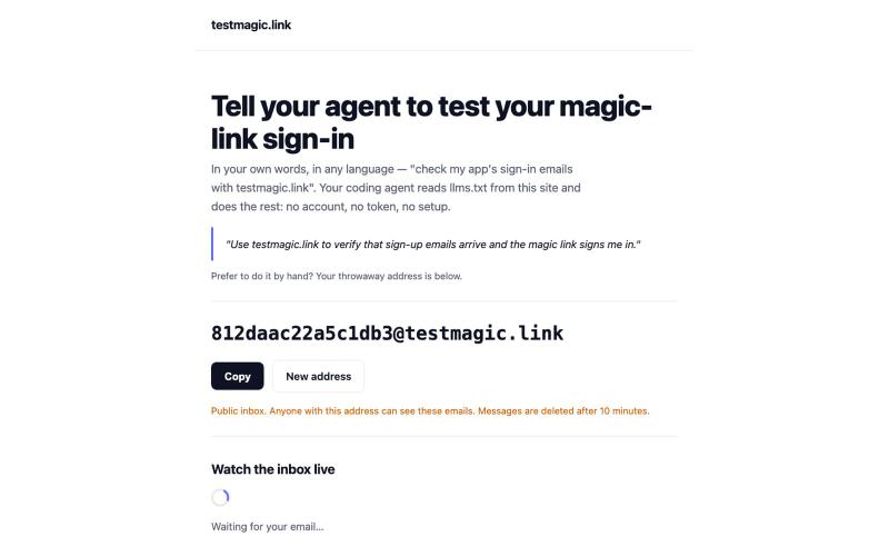 testmagic.link — let your coding agent test magic-link sign-in — screenshot