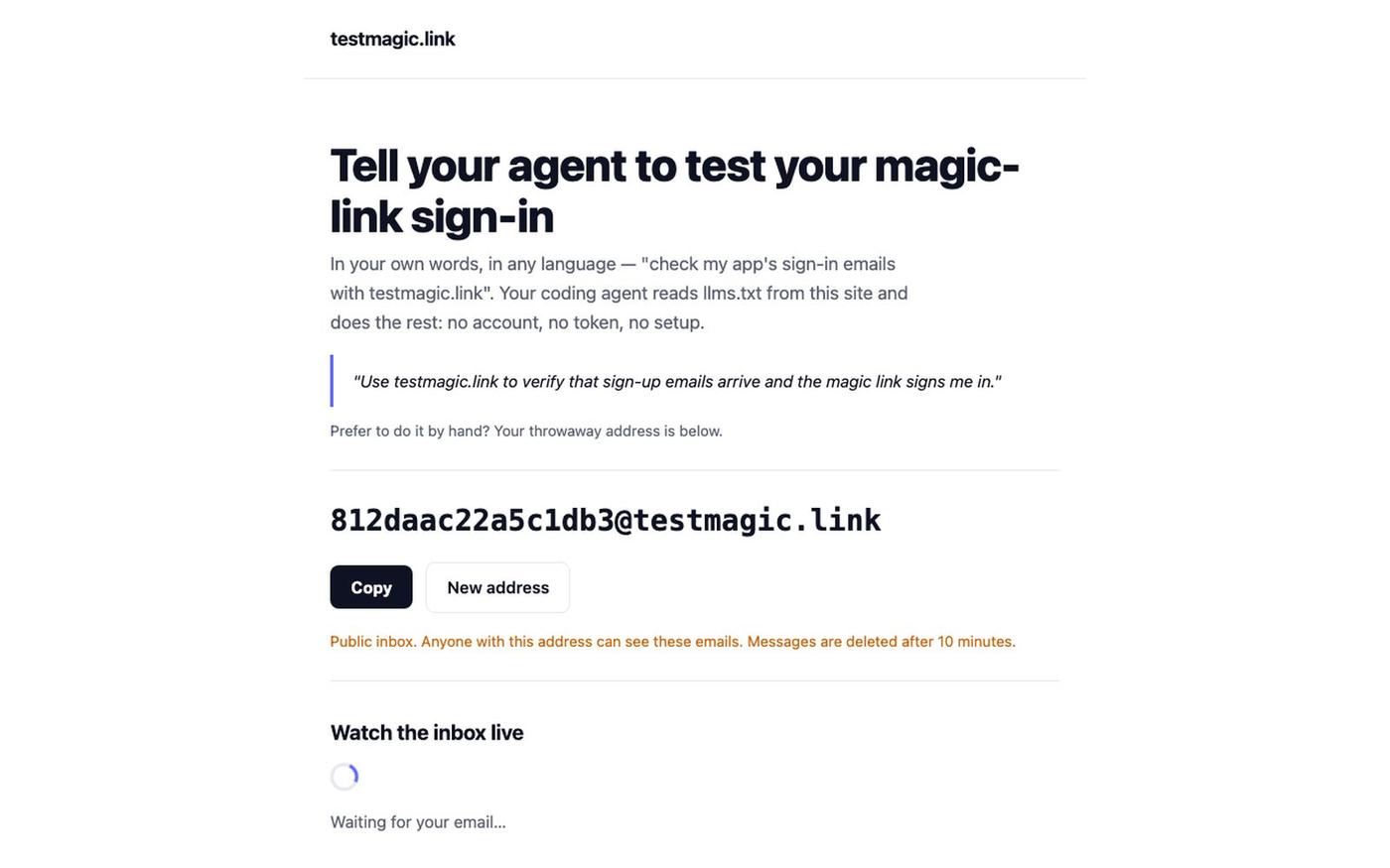 testmagic.link — let your coding agent test magic-link sign-in — screenshot
