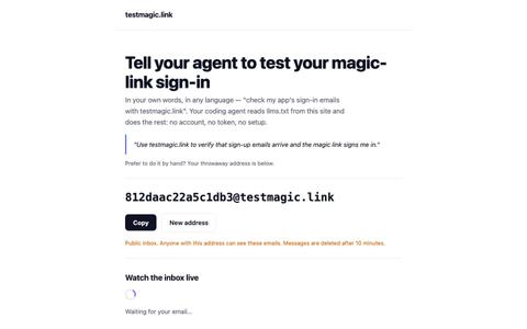 testmagic.link — let your coding agent test magic-link sign-in — screenshot
