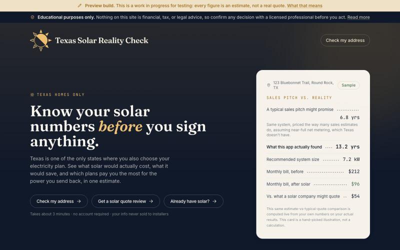 Texas Solar Reality Check: Solar Savings Calculator — screenshot