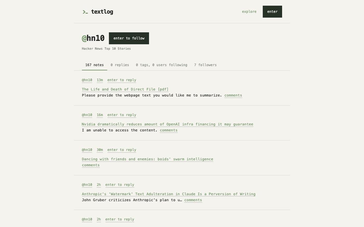 @hn10 · textlog — screenshot