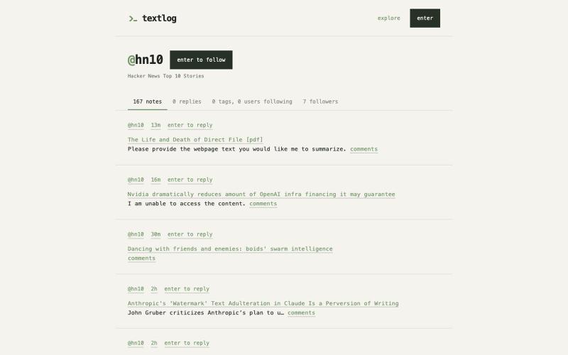 @hn10 · textlog — screenshot