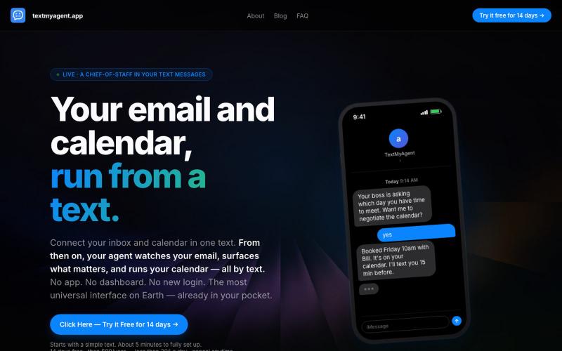 textmyagent.app — The future of AI is now just a text message. — screenshot