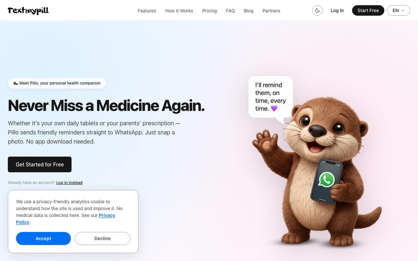 WhatsApp Medicine Reminder | No App Needed | TextMyPill — screenshot