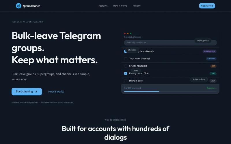 tgramcleaner — Bulk Leave Telegram Groups & Delete Chat History — screenshot