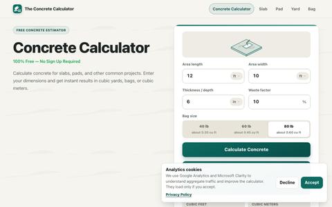Concrete Calculator - Free Online Concrete Estimator | The Concrete Calculator — screenshot