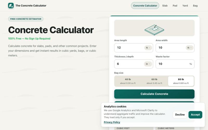 Concrete Calculator - Free Online Concrete Estimator | The Concrete Calculator — screenshot