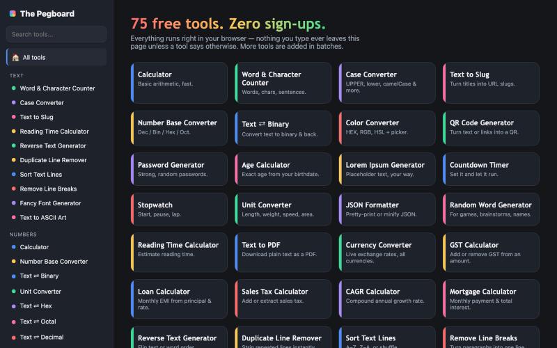 The Pegboard — Free Web Tools — screenshot