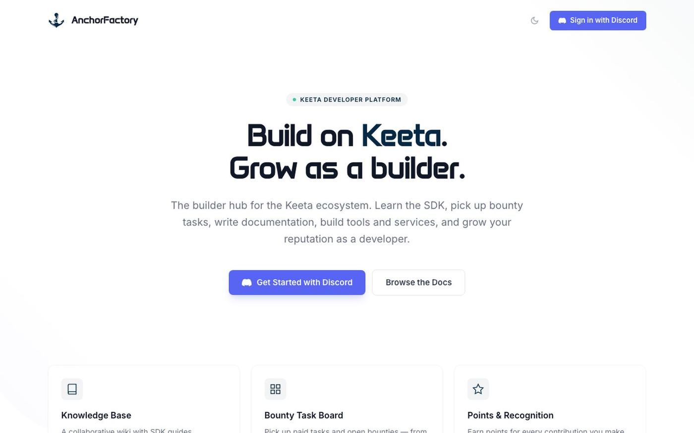 AnchorFactory — Builder Hub for the Keeta Ecosystem — screenshot