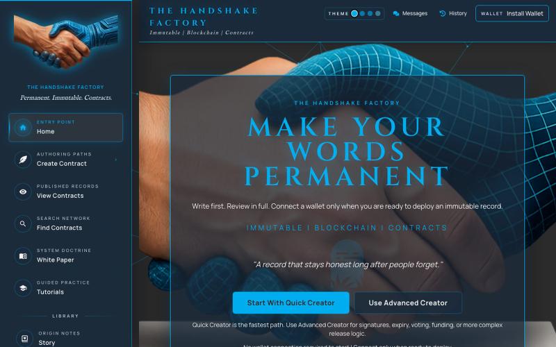Handshake Factory – Immutable Declarations, Memorials & Digital Permanence — screenshot