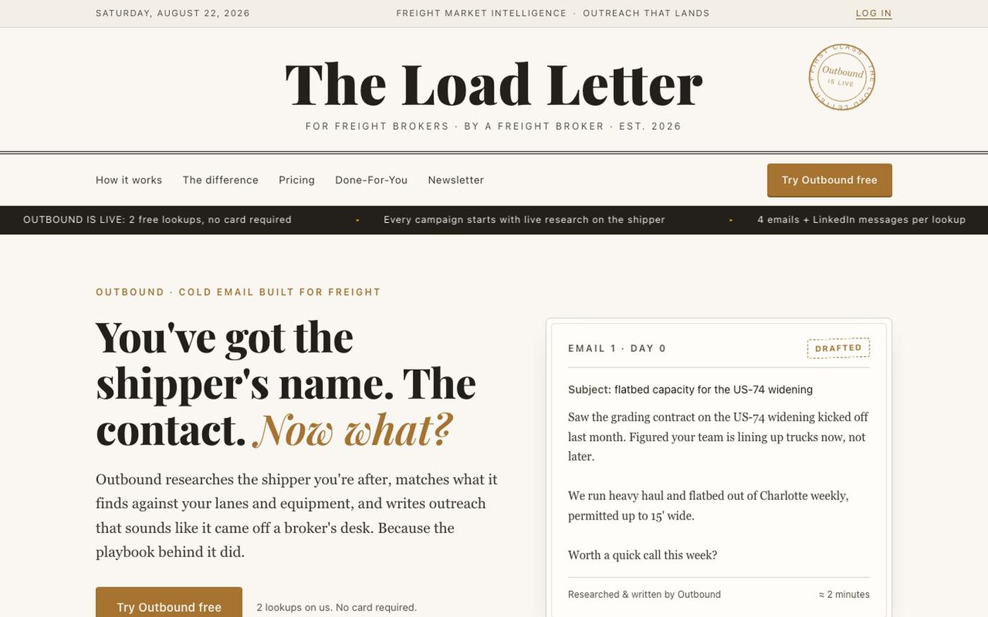 Outbound by The Load Letter: AI Cold Email for Freight Brokers — screenshot
