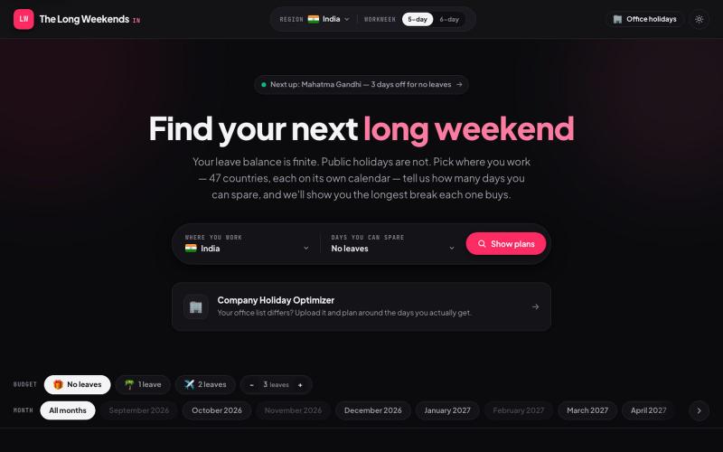 Next Long Weekend 2026 & 2027 – Leave Calculator — screenshot