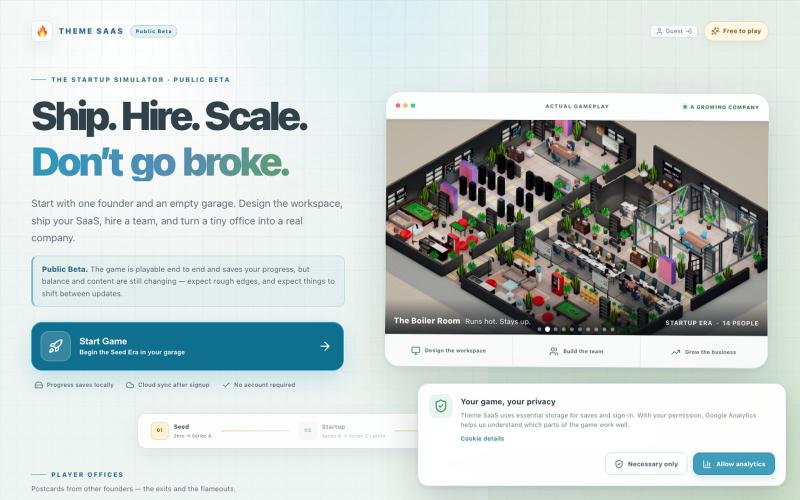 Theme SaaS — Startup Simulator (Public Beta) — screenshot