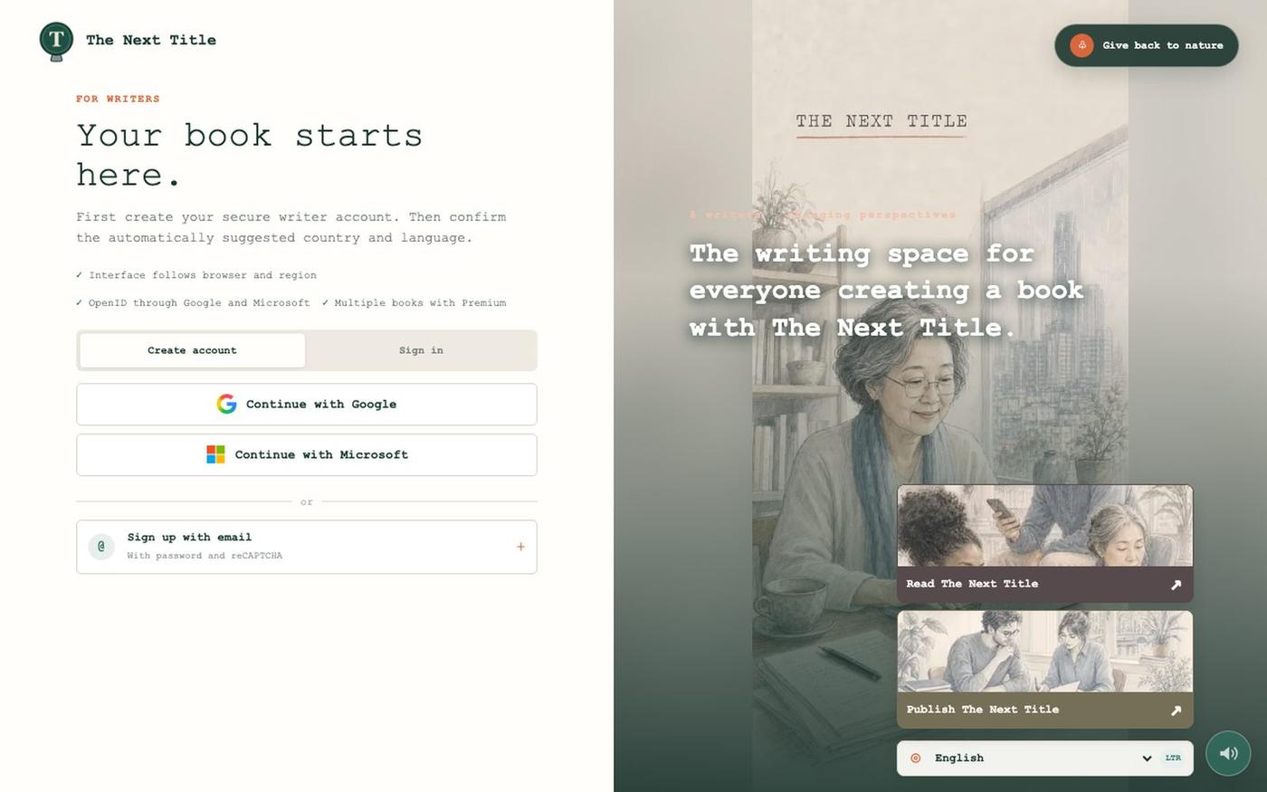 Book writing with The Next Title — online writing software — screenshot