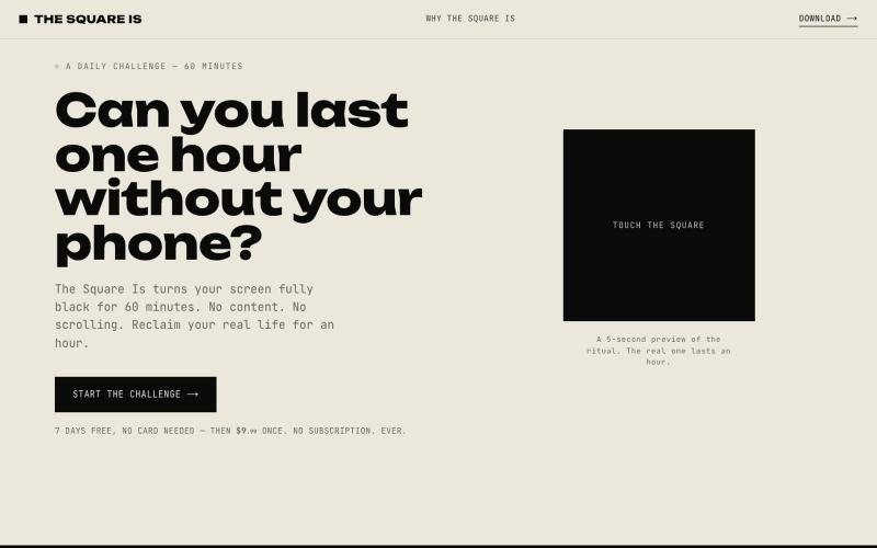 The Square Is — one-hour daily phone detox ritual (iOS app & Android PWA) — screenshot