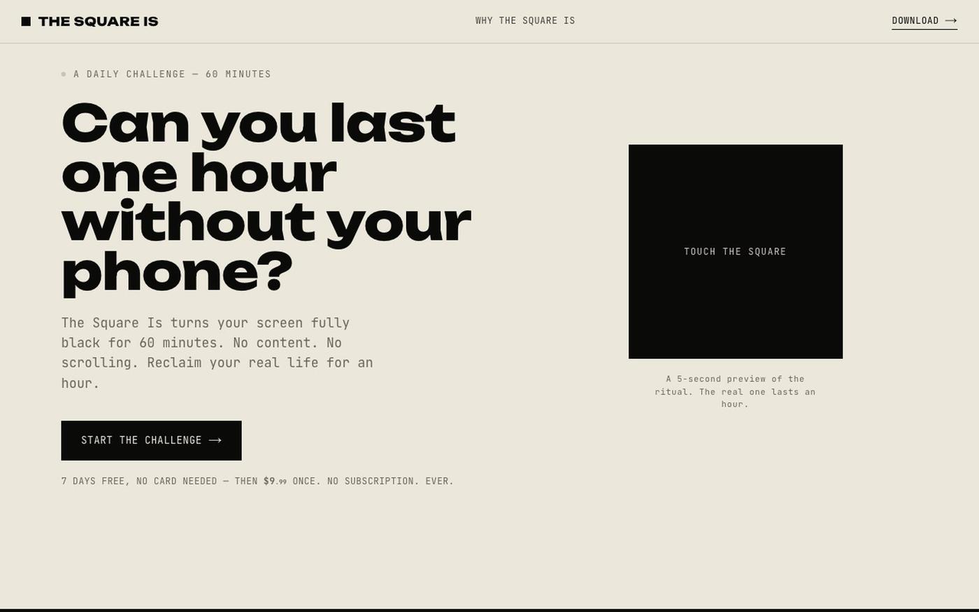 The Square Is — one-hour daily phone detox ritual (iOS app & Android PWA) — screenshot