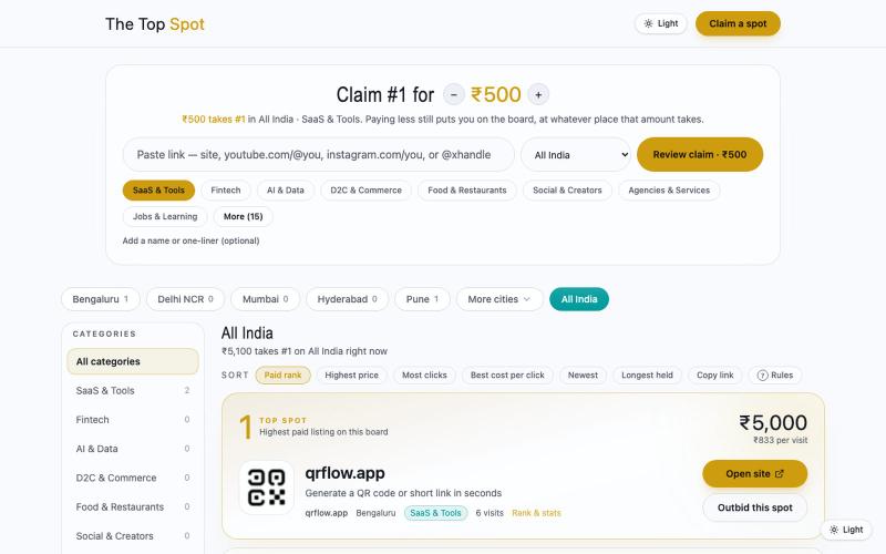 The Top Spot — India's pay-to-rank city boards — screenshot
