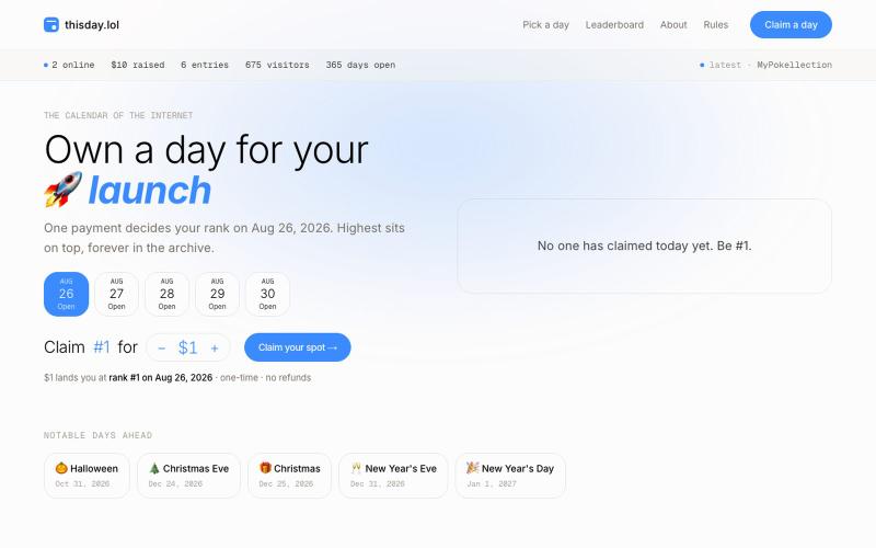 thisday.lol - own a day on the internet — screenshot