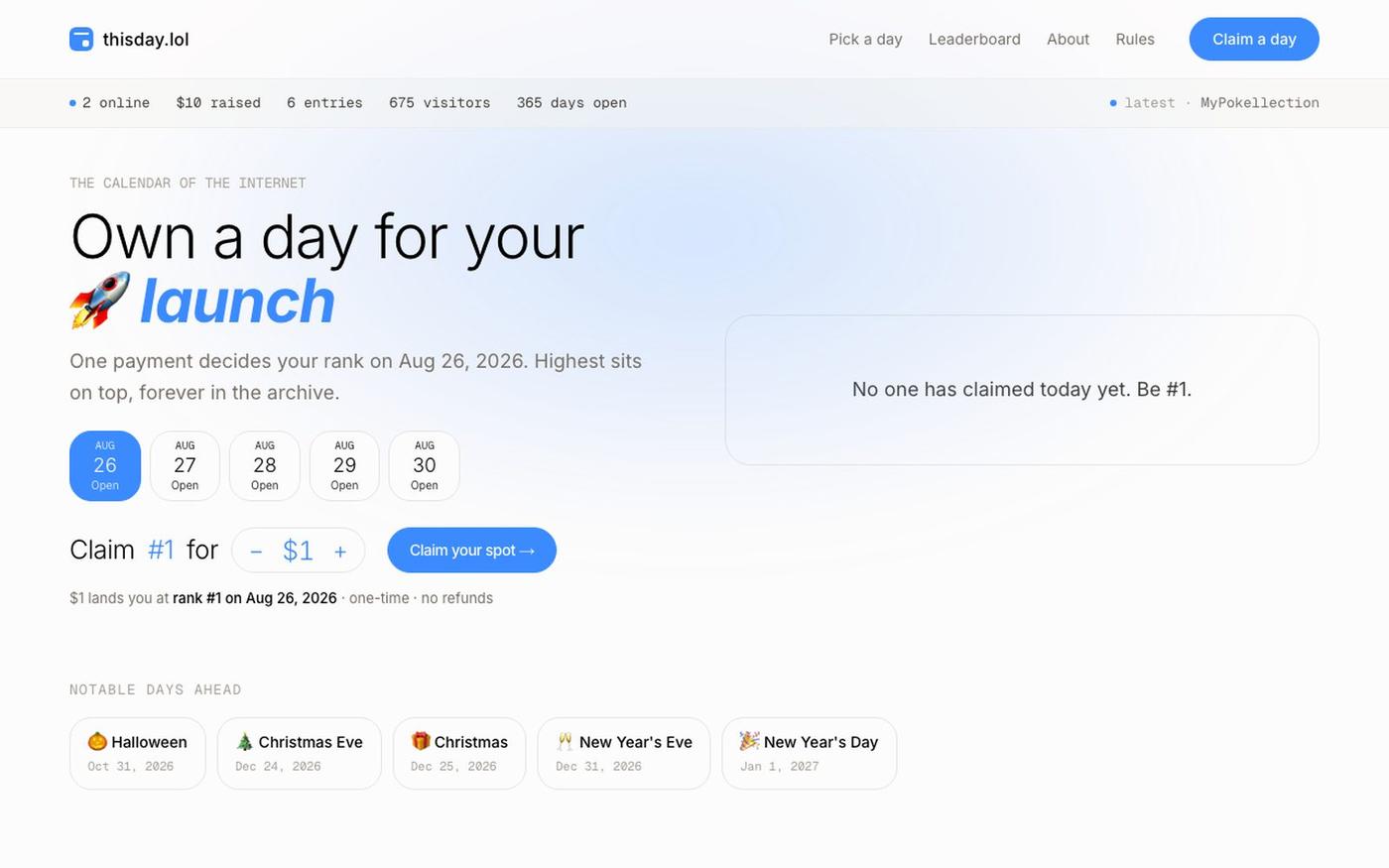 thisday.lol - own a day on the internet — screenshot