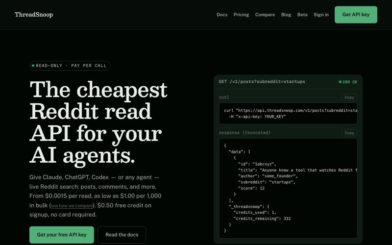 Reddit API for AI Agents — Cheapest Read API | ThreadSnoop — screenshot