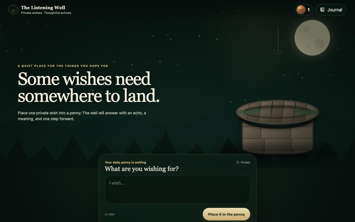 Throw a Penny | AI Wishing Well & Private Reflection — screenshot