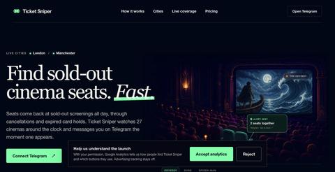 Ticket Sniper — sold-out cinema seat alerts in London — screenshot