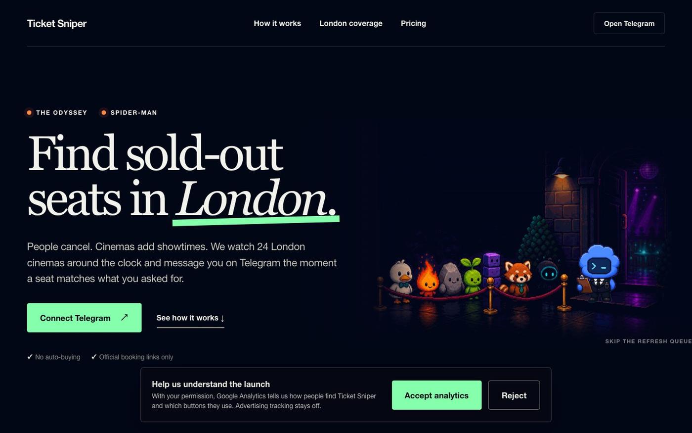 Ticket Sniper — sold-out cinema seat alerts in London — screenshot
