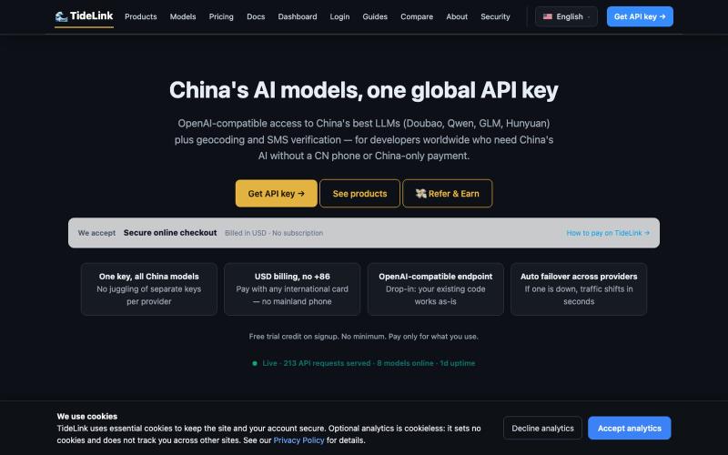 TideLink — China AI, Maps & SMS API for global developers — screenshot