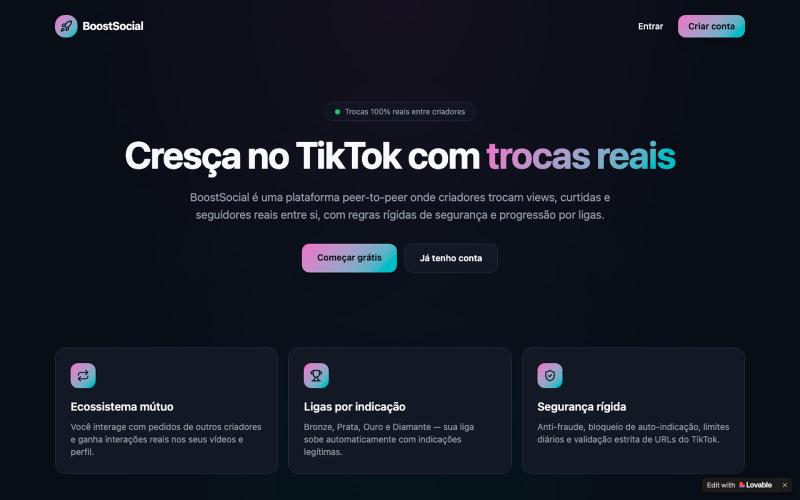 BoostSocial — Cresça no TikTok com trocas reais — screenshot