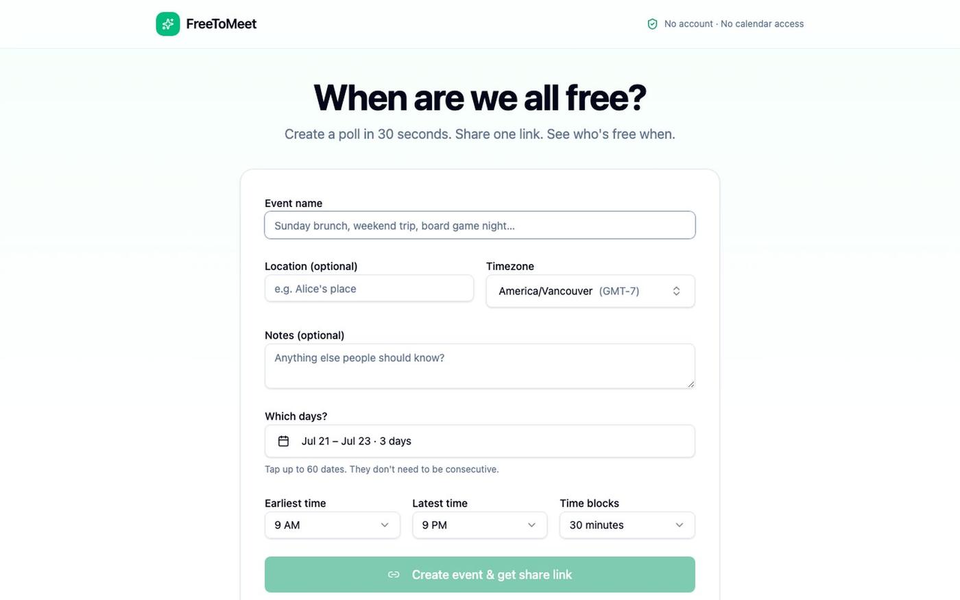 FreeToMeet — Group scheduling without the pain — screenshot