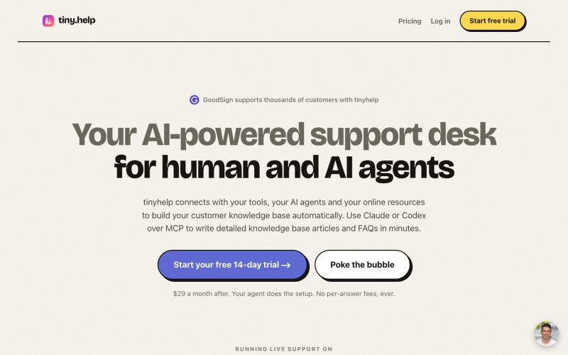 Live chat with an assistant that knows your product - tiny.help — screenshot