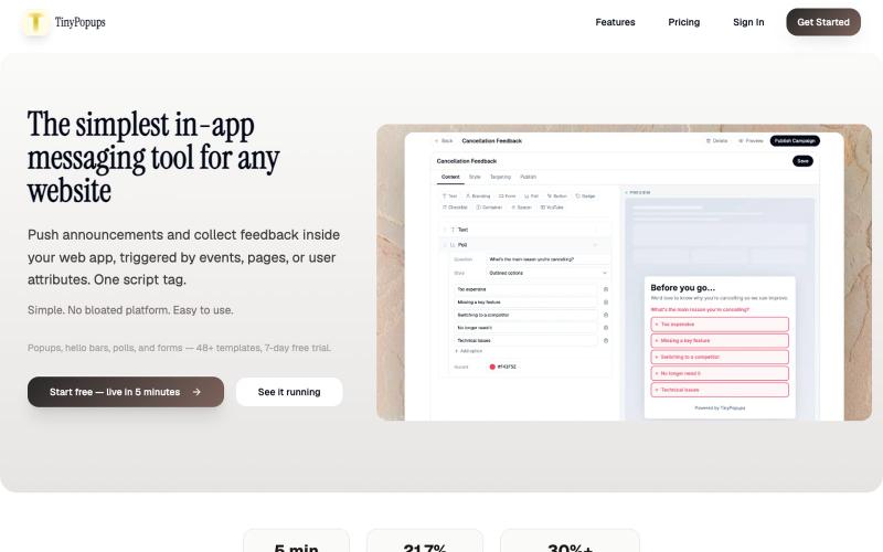 TinyPopups — Lightweight In-App Messaging for SaaS — screenshot