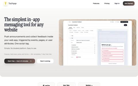 TinyPopups — Lightweight In-App Messaging for SaaS — screenshot
