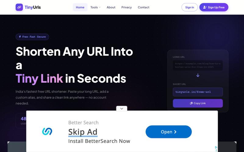 Free URL Shortener — Create Short Links Instantly | TinyUrls.in — screenshot