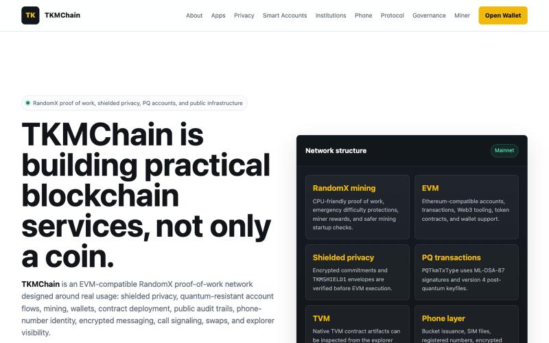TKMChain - RandomX EVM, Shielded Privacy, Quantum-Resistant Wallets, TVM and Pub — screenshot