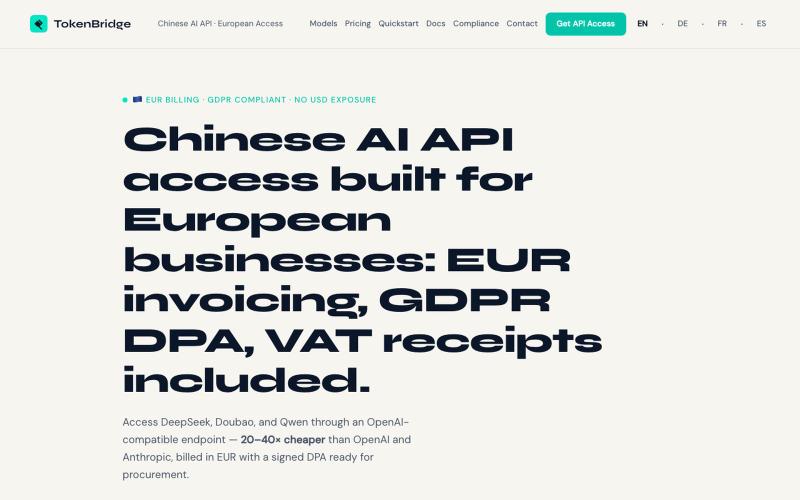 TokenBridge — Chinese AI API Tokens for European Business — screenshot