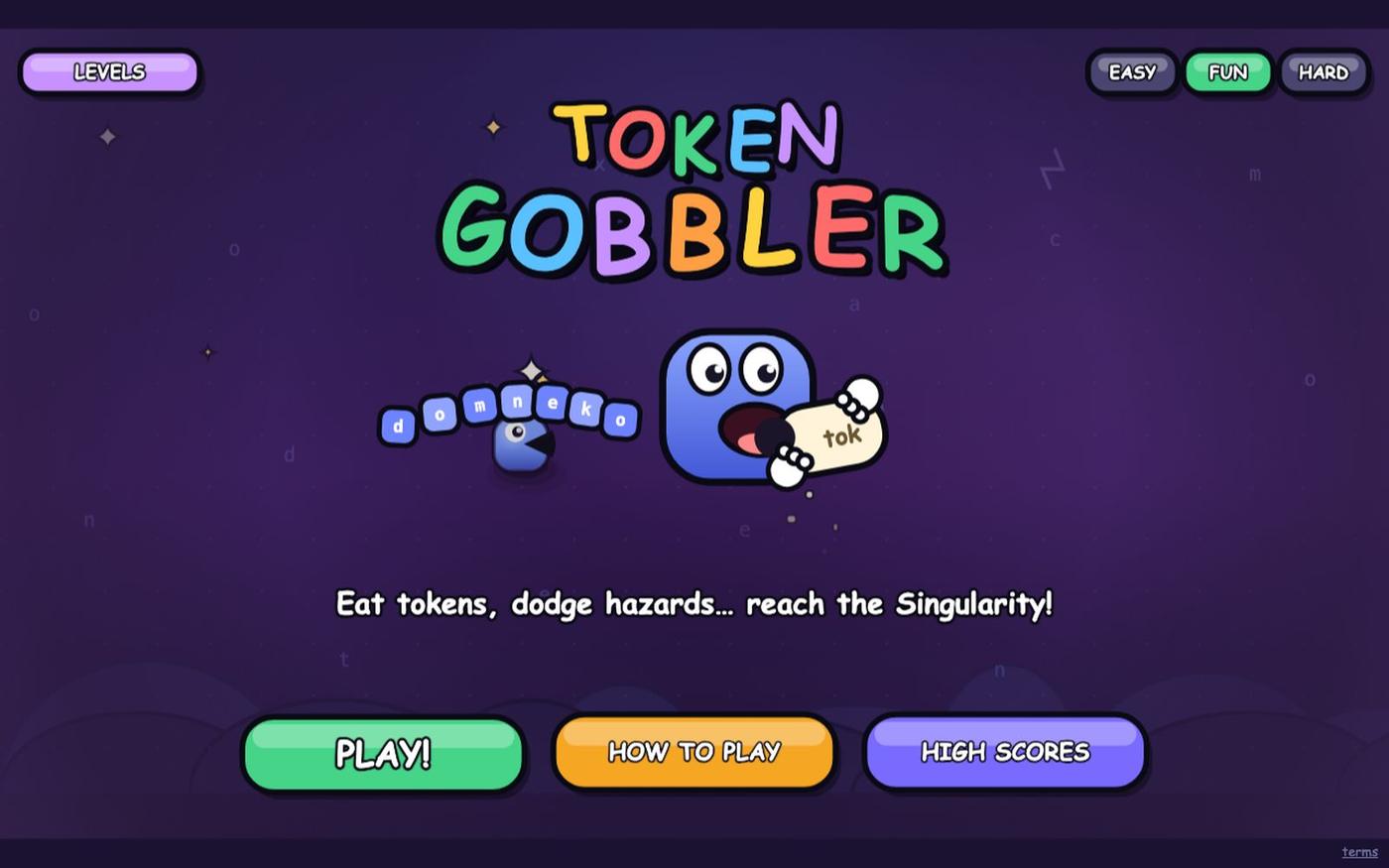 Token Gobbler — an arcade game where you're an LLM eating tokens — screenshot